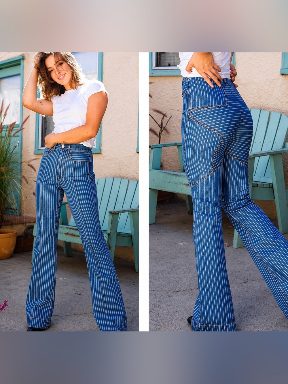 REVICE Blue Pinstripe Wide-Leg Jeans